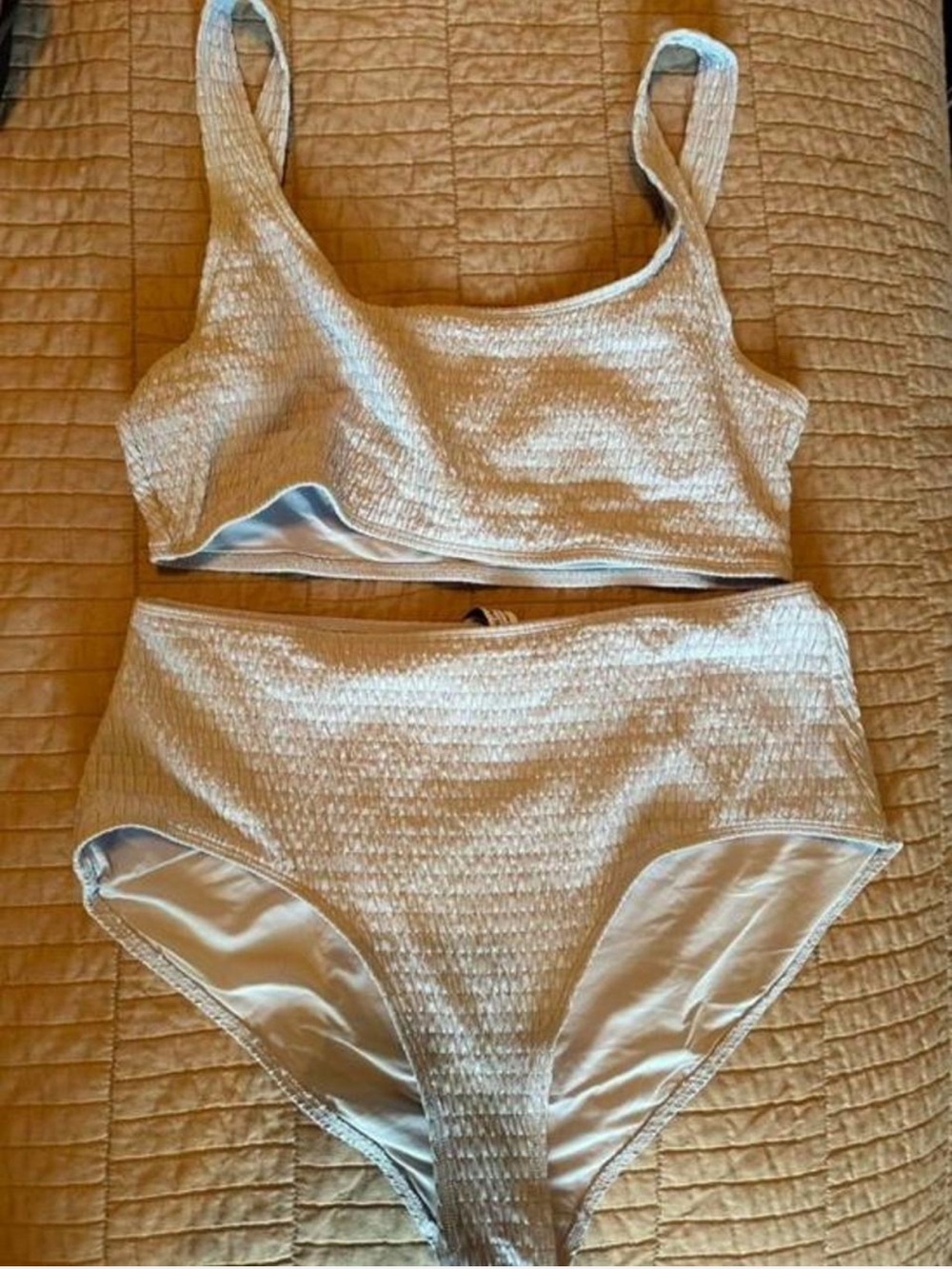 & Other Stories ruched bikini set high waisted brief square neck top blue size L